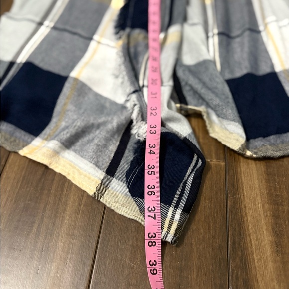 Plaid Open Front Shawl Navy White Plaid Frayed Hem Cardigan Fall Winter Y2K - Picture 7 of 8